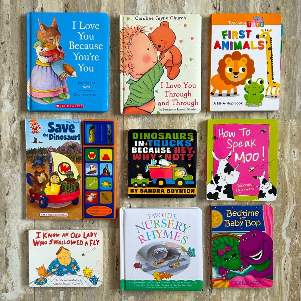9 Board Books: Boynton, Wonder Pets Flaps/Sounds, Baby Bop (Barney), Nursery Rhy